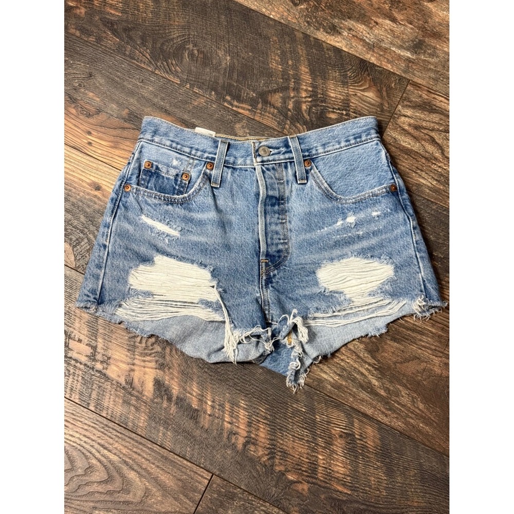 Levis 501 Original Distressed Denim Shorts Light Wash High Rise Cutoff Womens 25